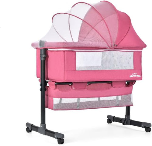 Crib for Baby, Bassinet Sleeper with Wheels, Height Adjustable, Tilts & Rocks, with Mosquito Nets, Large Storage Bag, for Infant/Baby/Newborn (Pink)