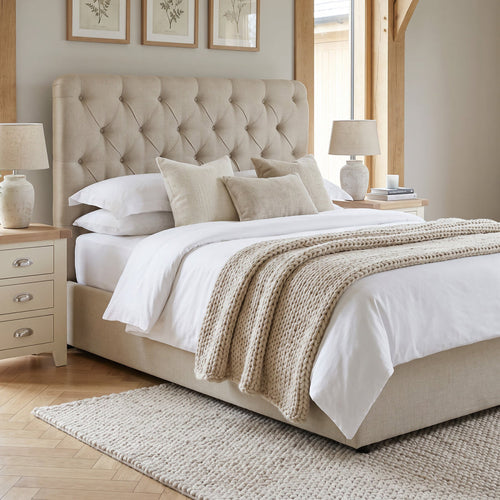 6ft Super King Ottoman Bed Frame, Chesterfield Button Headboard, Natural