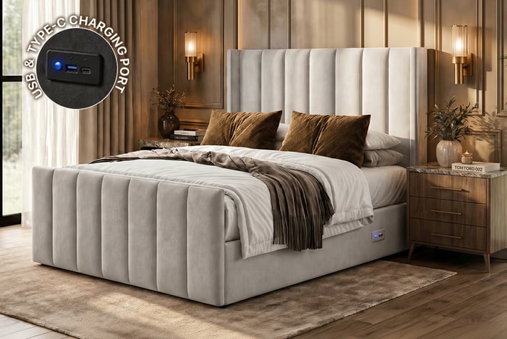 Cloud9 Isabella Bed Frame with Mattress, Winged Headboard USB Charging