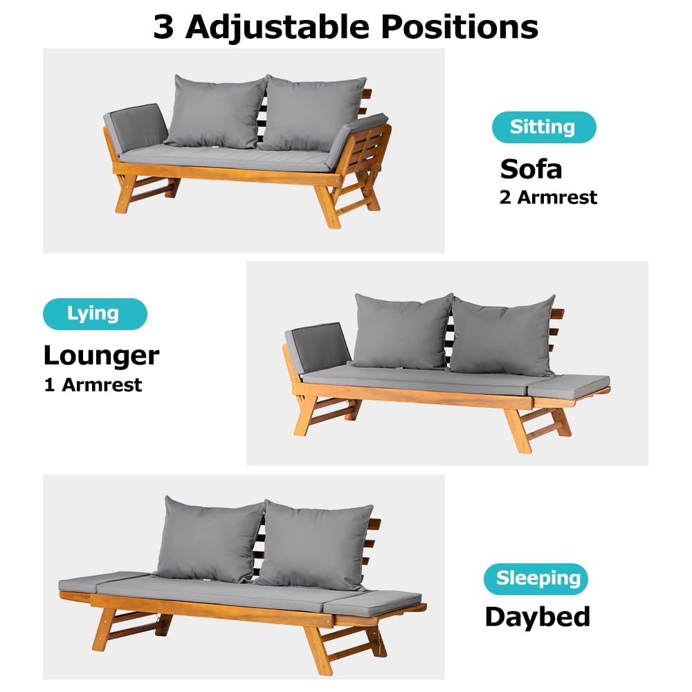 Acacia Wood Convertible Outdoor Sofa Bed with Cushions — image 2