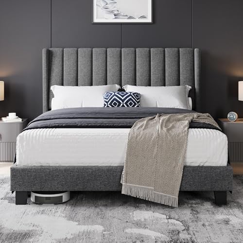 Yaheetech Bed Frame, Channel Tufted Wing Headboard — image 12