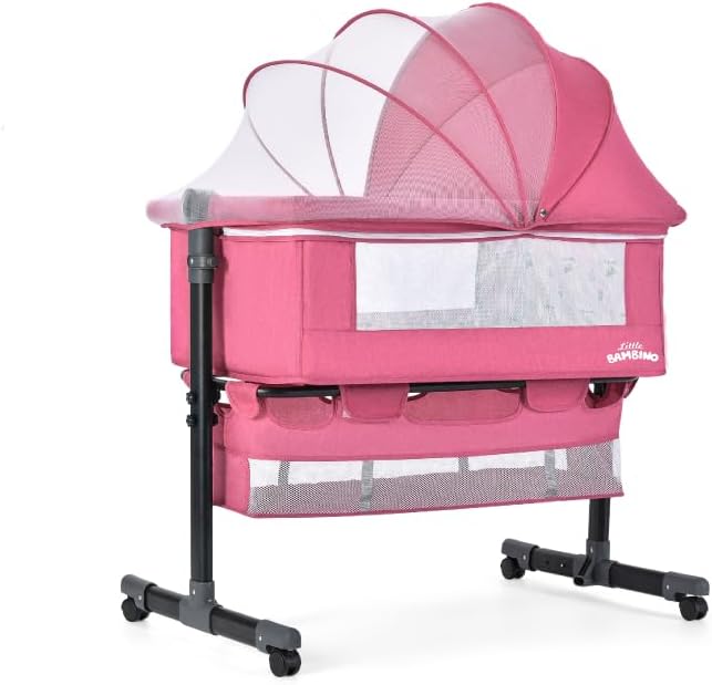 Crib for Baby, Bassinet Sleeper with Wheels, Height Adjustable, Tilts & Rocks, with Mosquito Nets, Large Storage Bag, for Infant/Baby/Newborn (Pink)