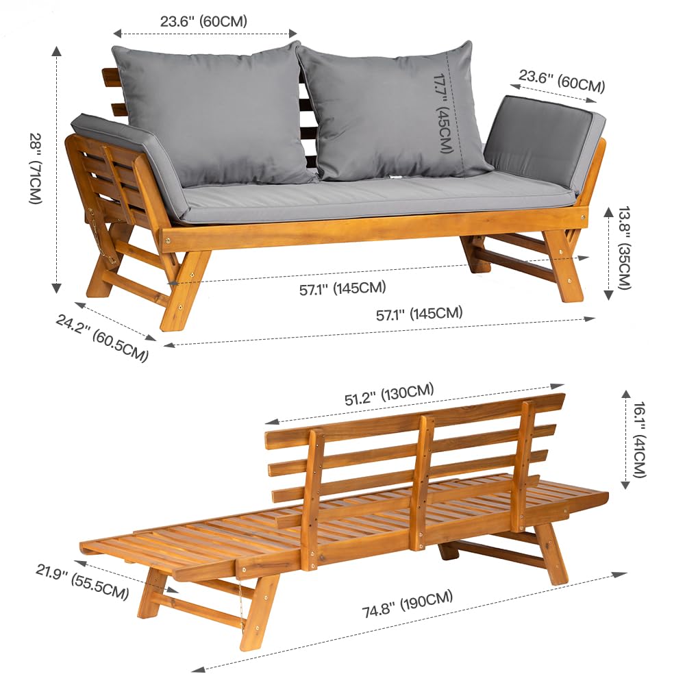 Acacia Wood Convertible Outdoor Sofa Bed with Cushions — image 3