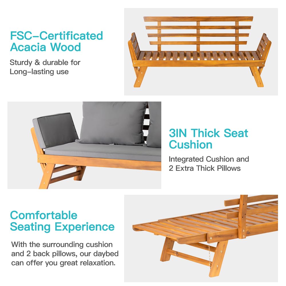Acacia Wood Convertible Outdoor Sofa Bed with Cushions — image 4
