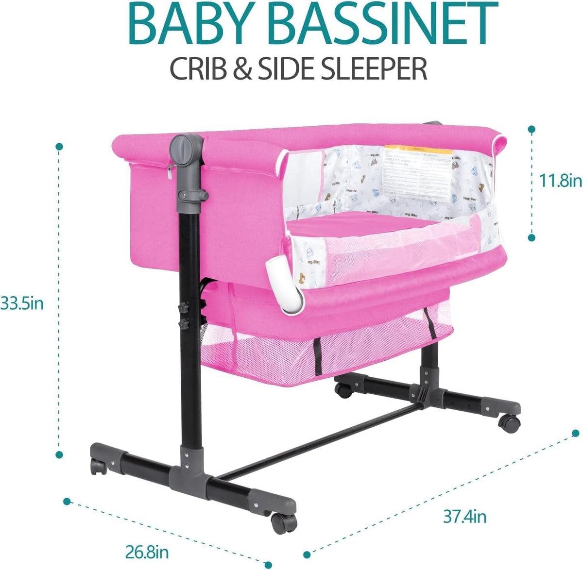 Crib for Baby, Bassinet Sleeper with Wheels, Height Adjustable, Tilts & Rocks, with Mosquito Nets, Large Storage Bag, for Infant/Baby/Newborn (Pink) - View 5