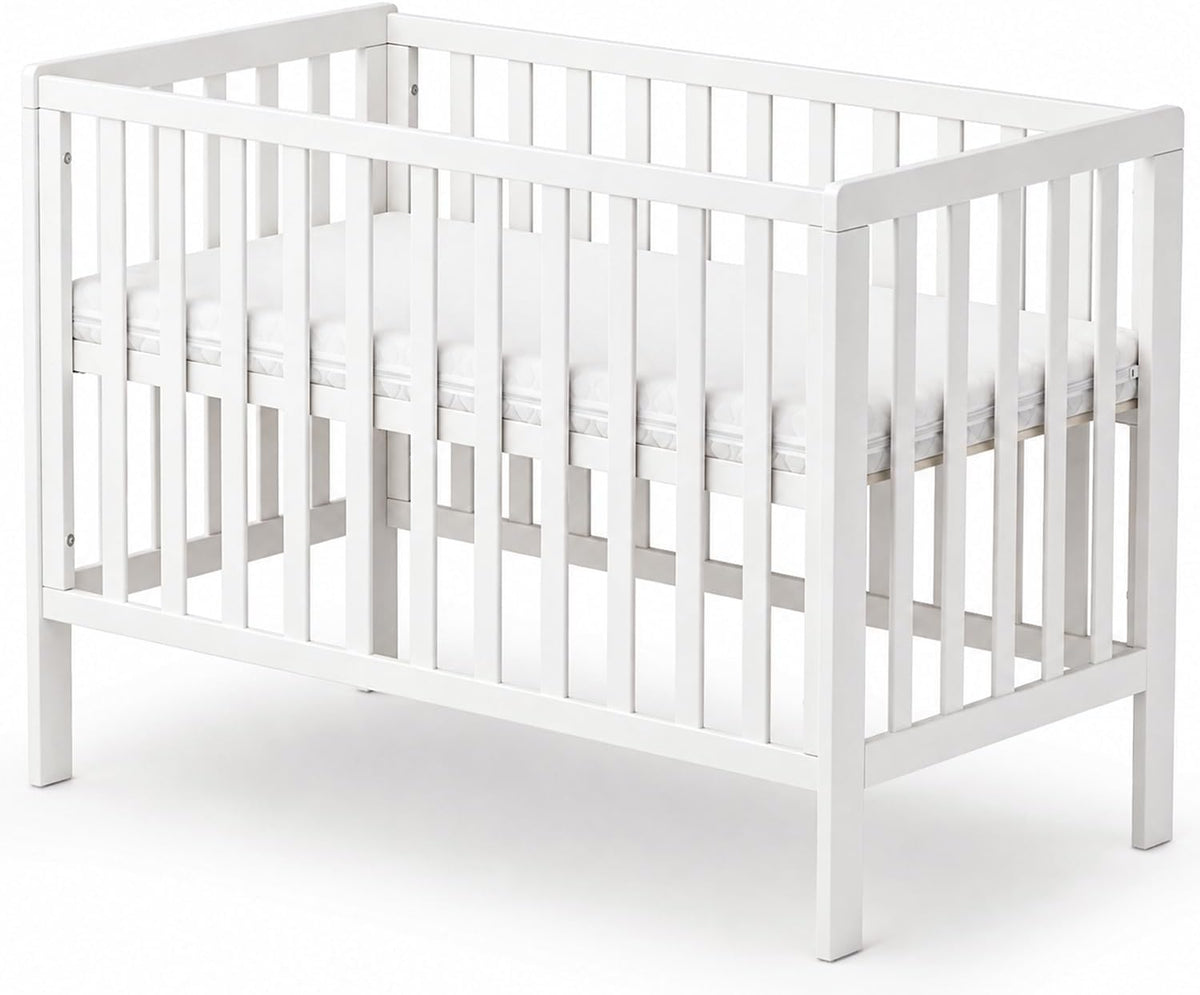 Wooden Baby Cot Bed With Deluxe Aloe Vera Mattress，Baby Crib，Convertible Cot，Baby Crib，3 Adjustable Bed Base Positions (120x60CM)
