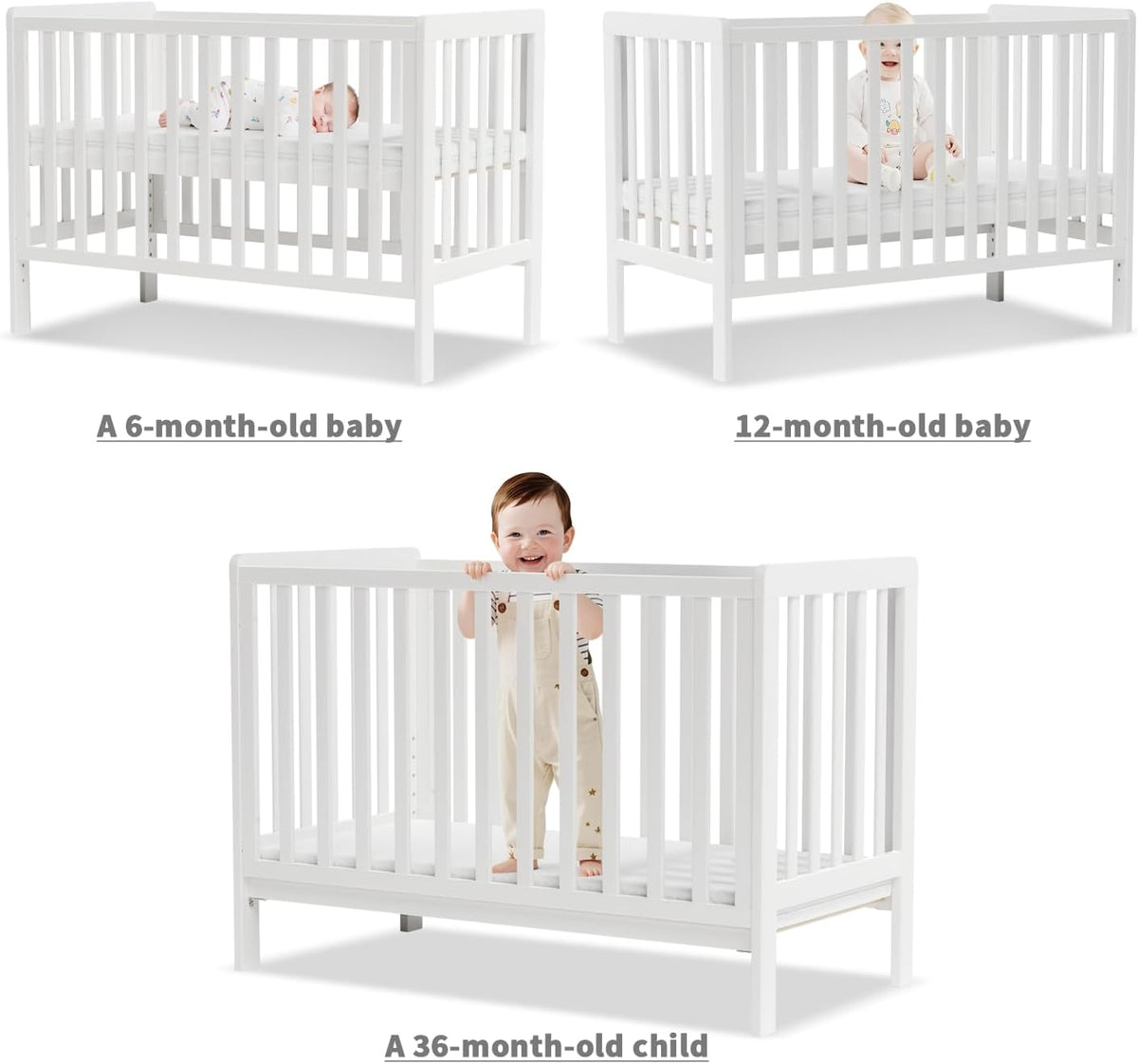 Wooden Baby Cot Bed With Deluxe Aloe Vera Mattress，Baby Crib，Convertible Cot，Baby Crib，3 Adjustable Bed Base Positions (120x60CM) — image 5