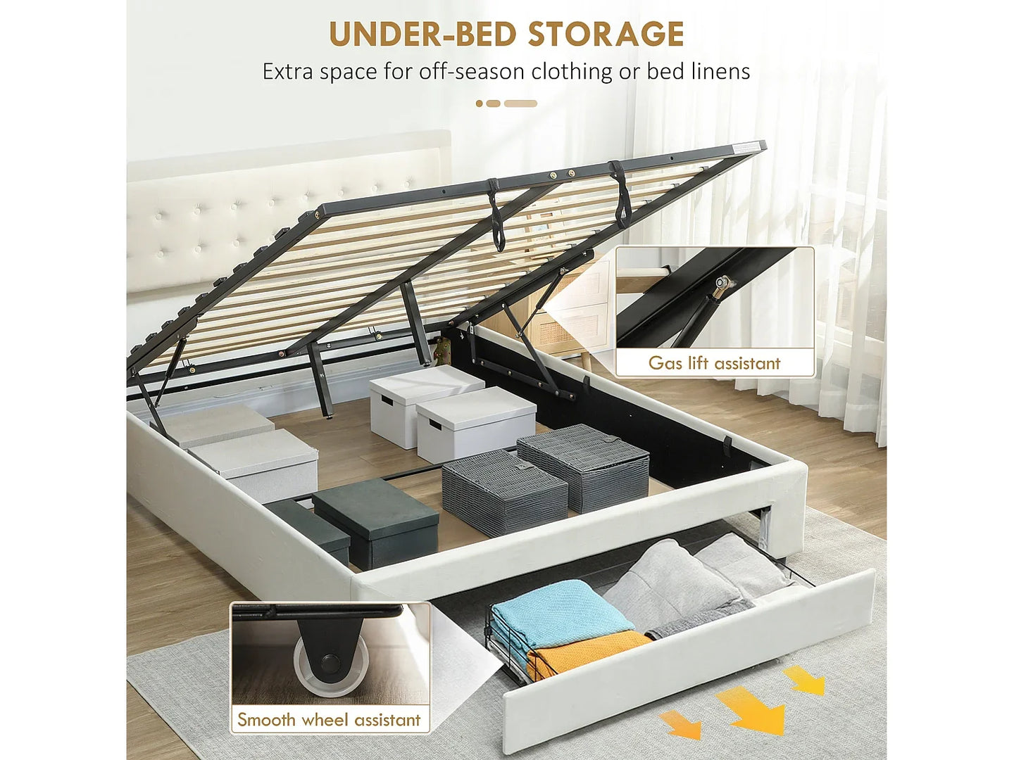 Zina 5ft King Ottoman Bed Frame, Front Divan Drawer, Cream — image 4