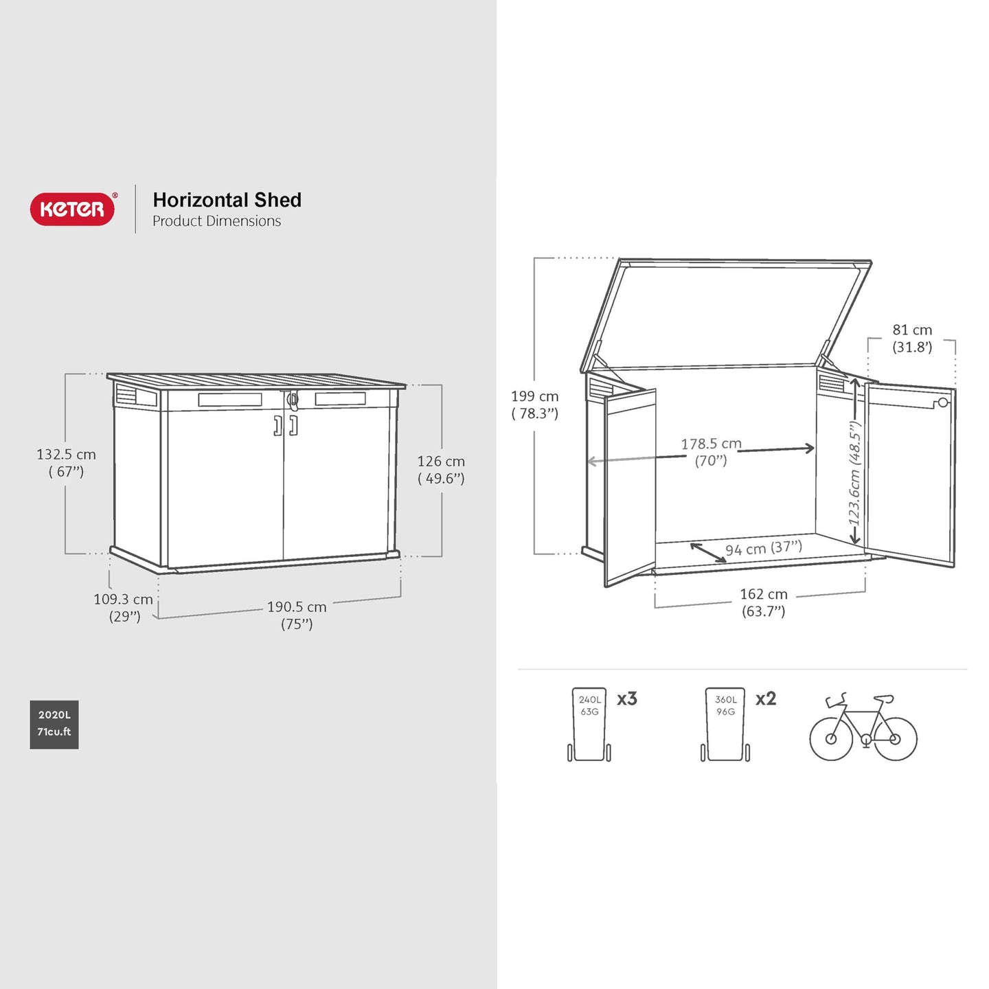 Keter 2020 L Large Outdoor Horizontal Storage Shed with Lockable Doors — image 7