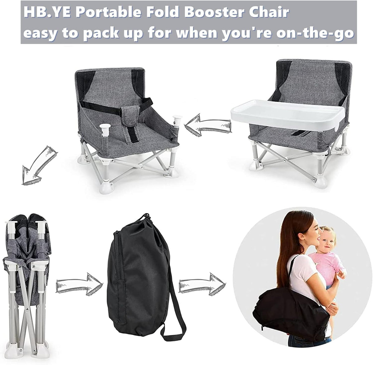 Baby Portable Travel Booster Seat Folding Dining Chair High Multifunctional Child Little Seat Dining Aluminum Alloy Travel Compact high Chair with Tray Grey — image 2