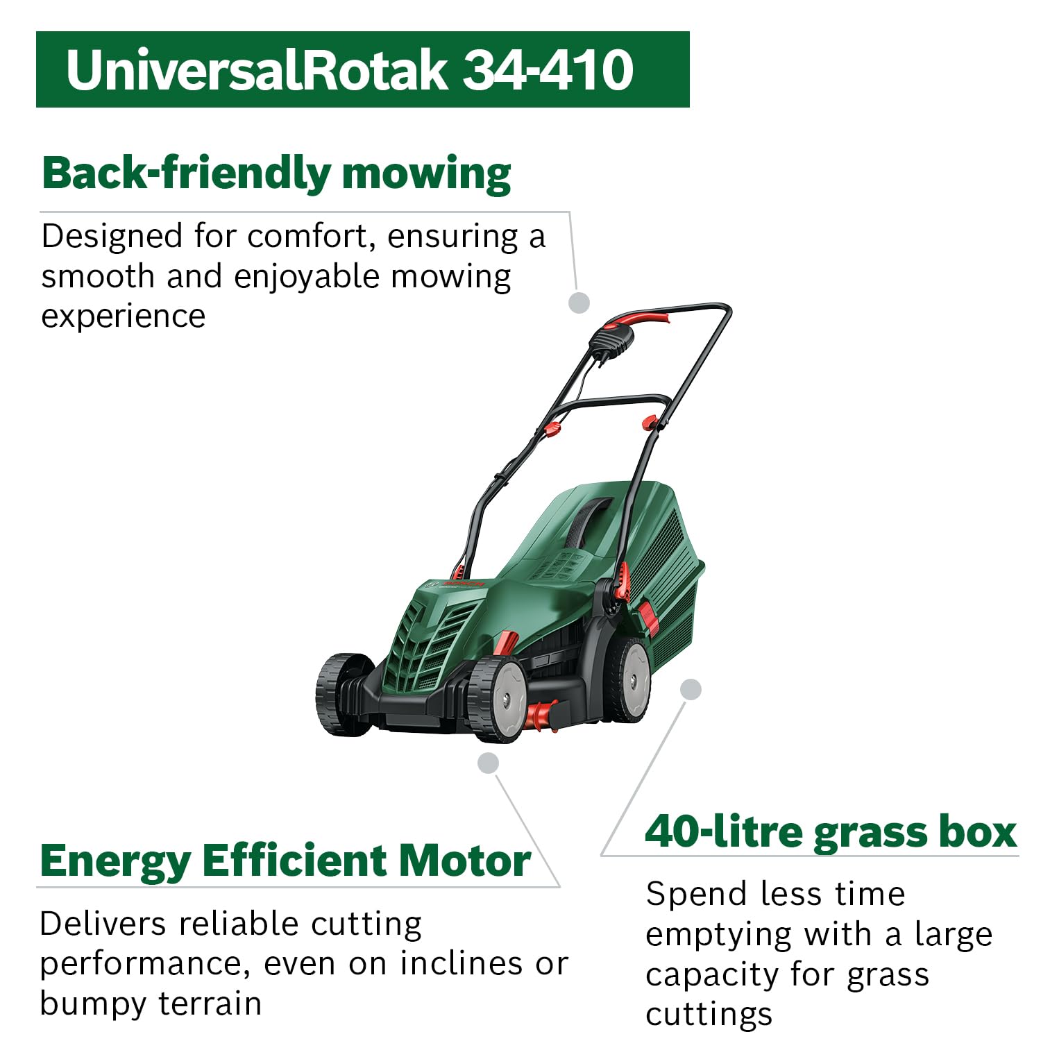 Bosch 34 cm Electric Lawn Mower with 40 L Grass Box