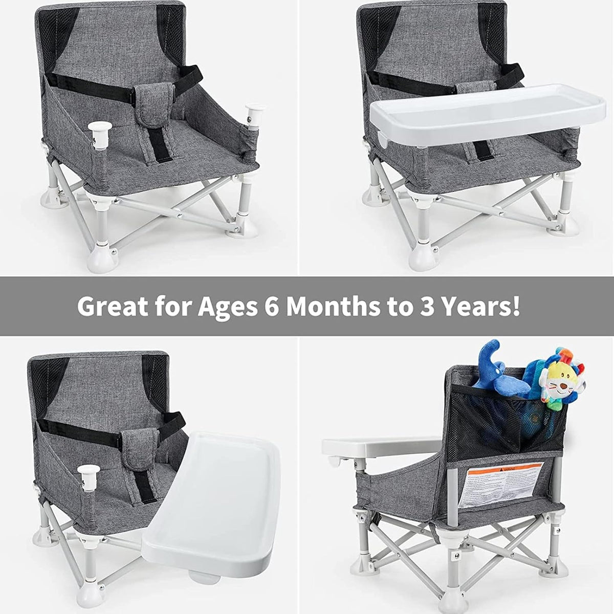 Baby Portable Travel Booster Seat Folding Dining Chair High Multifunctional Child Little Seat Dining Aluminum Alloy Travel Compact high Chair with Tray Grey — image 3