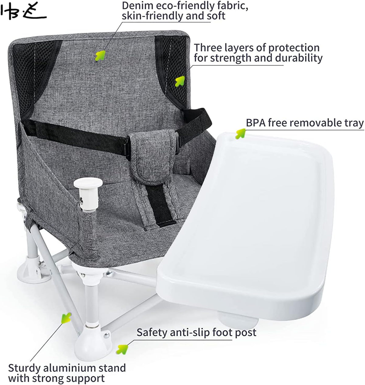 Baby Portable Travel Booster Seat Folding Dining Chair High Multifunctional Child Little Seat Dining Aluminum Alloy Travel Compact high Chair with Tray Grey — image 8