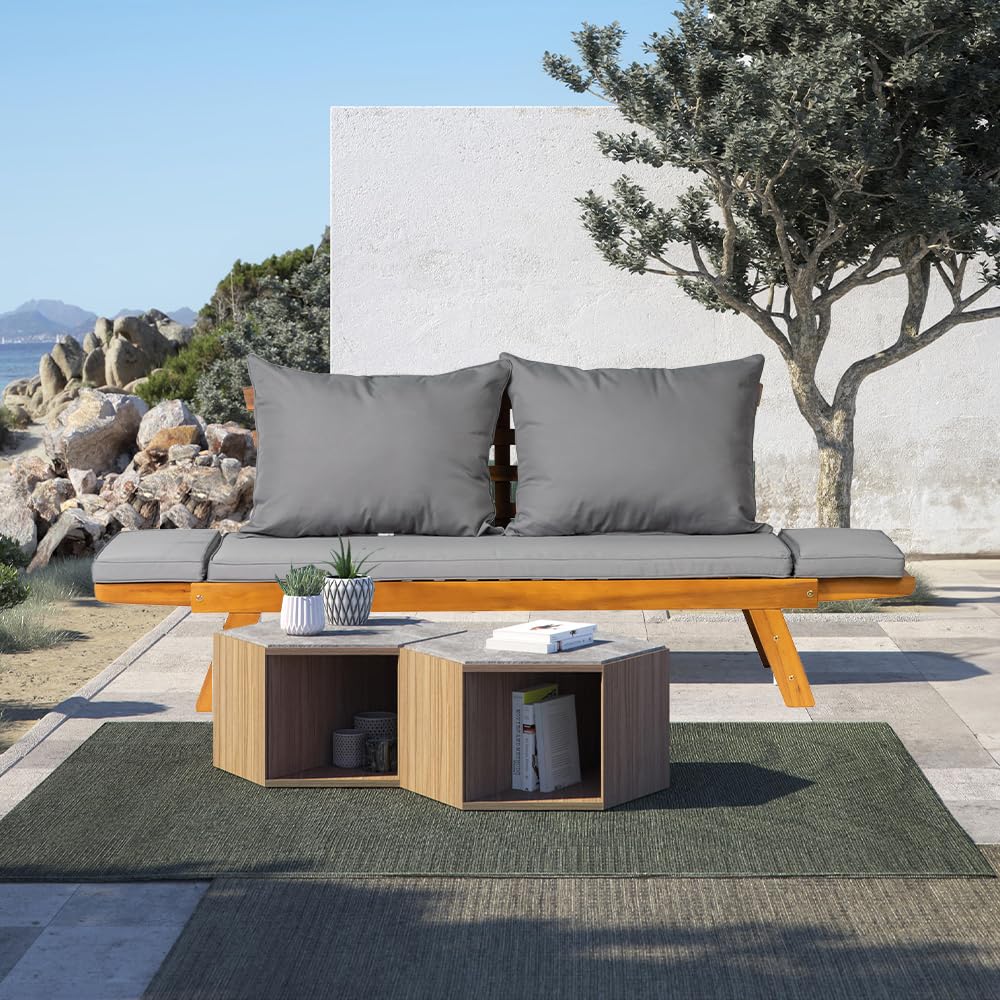 Acacia Wood Convertible Outdoor Sofa Bed with Cushions — image 8