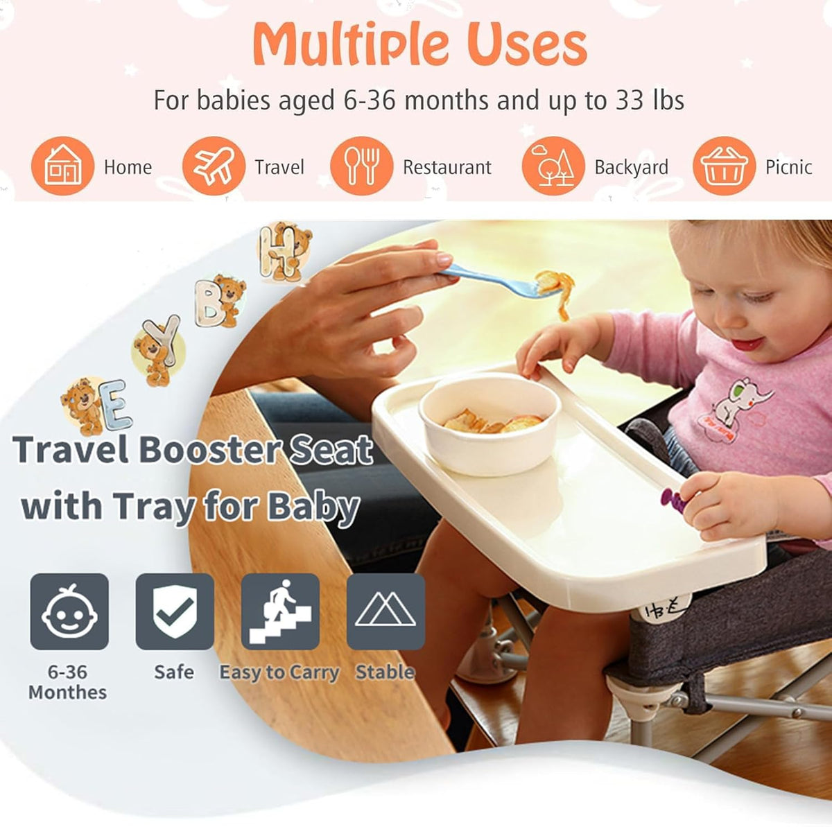 Baby Portable Travel Booster Seat Folding Dining Chair High Multifunctional Child Little Seat Dining Aluminum Alloy Travel Compact high Chair with Tray Grey — image 4