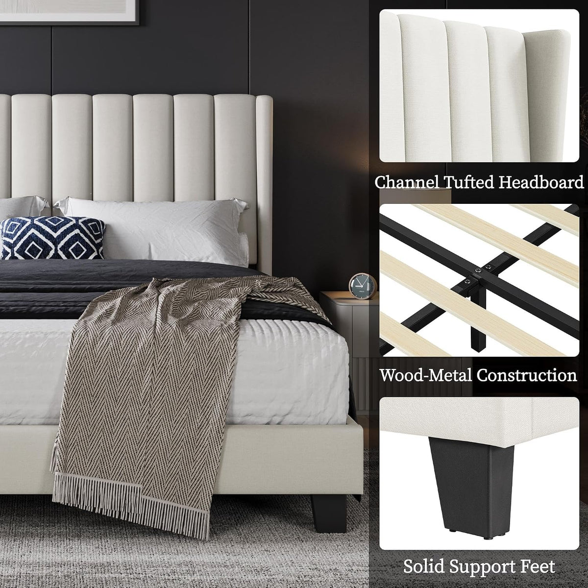 Yaheetech Bed Frame, Channel Tufted Wing Headboard — image 5
