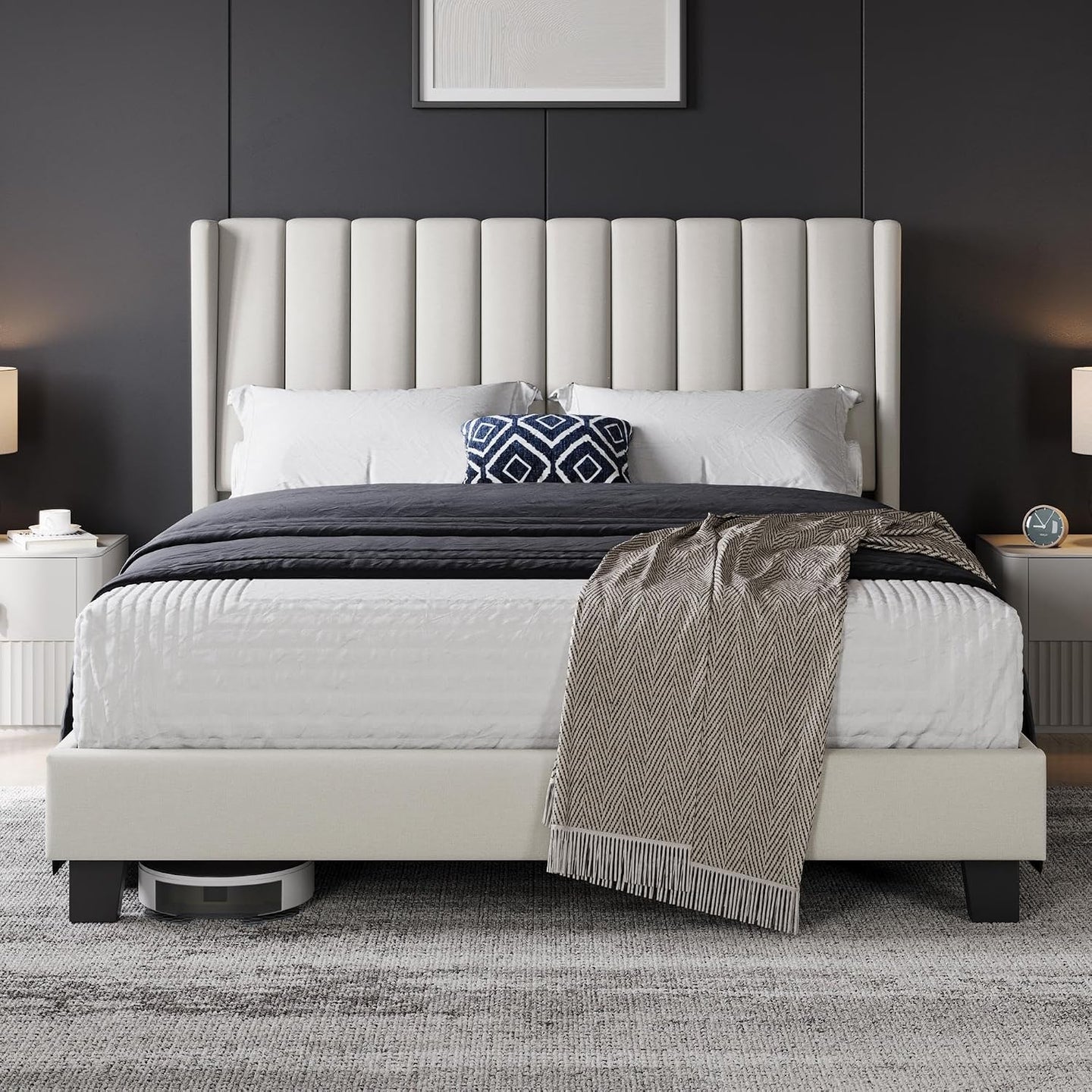 Yaheetech Bed Frame, Channel Tufted Wing Headboard