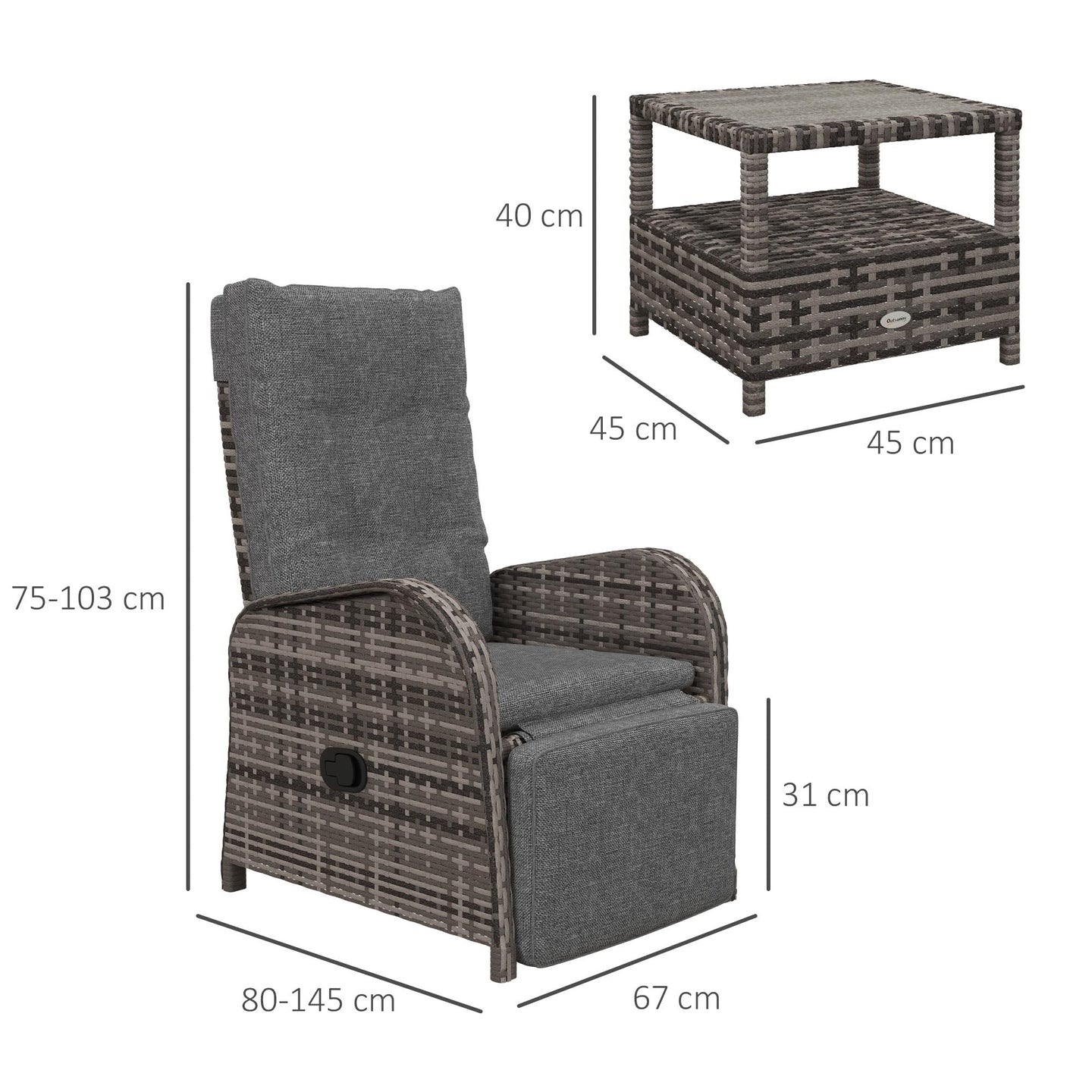 3-Piece Rattan Garden Bistro Set with Reclining Chairs & Coffee Table — image 7