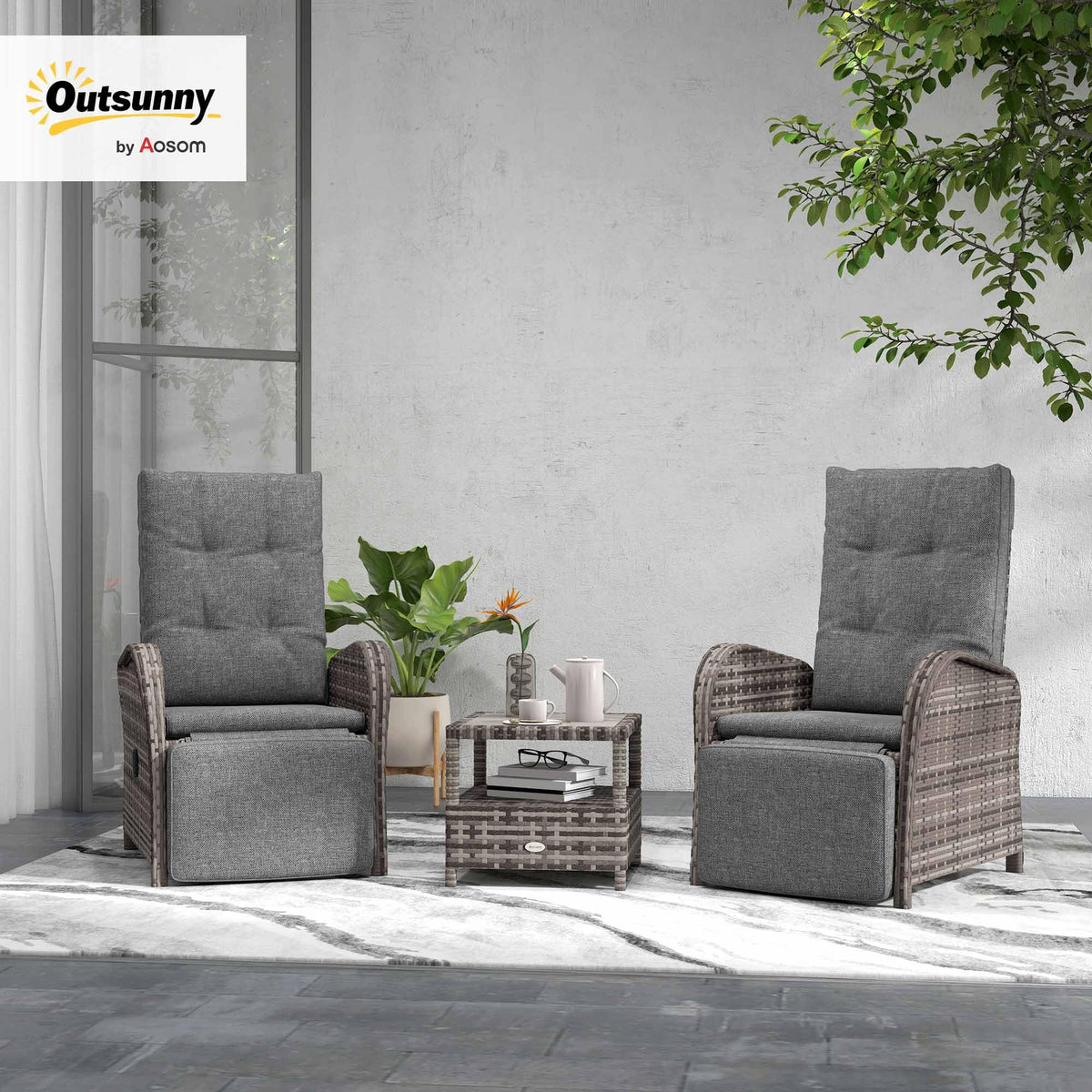 3-Piece Rattan Garden Bistro Set with Reclining Chairs & Coffee Table — image 2