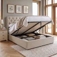 6ft Super King Ottoman Bed Frame, Chesterfield Button Headboard, Natural thumbnail 3