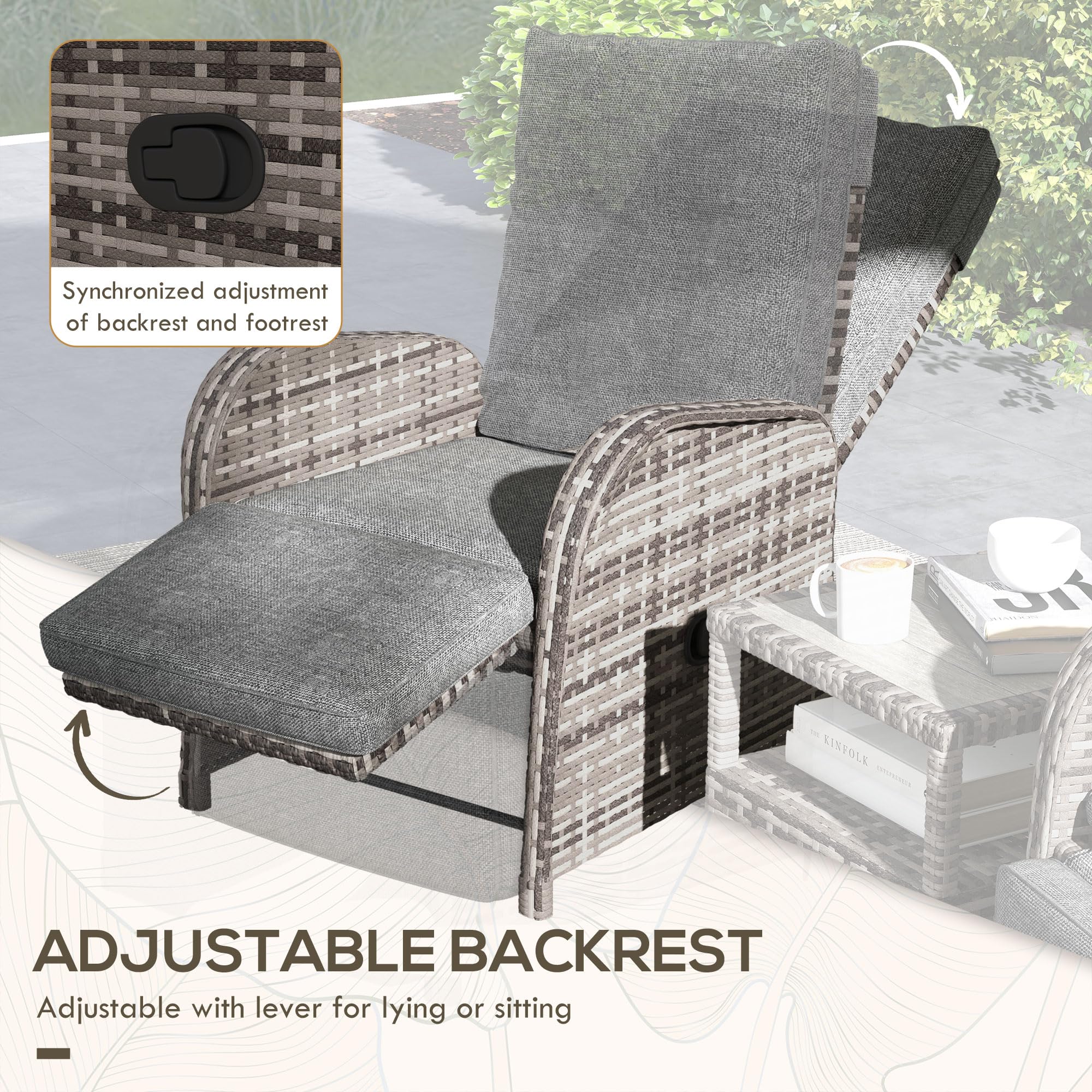 3-Piece Rattan Garden Bistro Set with Reclining Chairs & Coffee Table