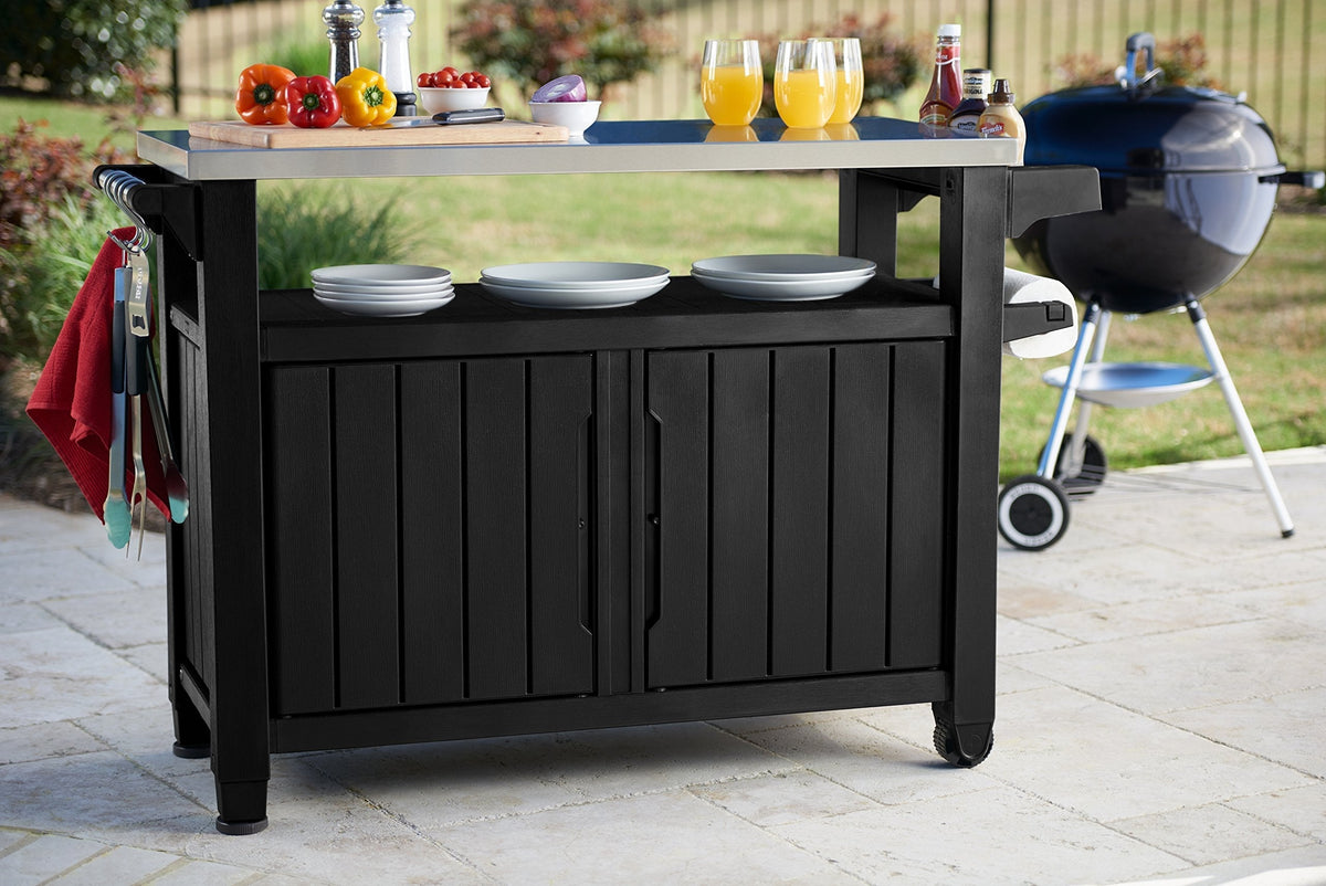 Keter Unity XL Portable Outdoor Table and Storage Cabinet with Hooks for Grill Accessories-Stainless Steel Top for Patio Kitchen Island or Bar Cart, Dark Grey — image 8