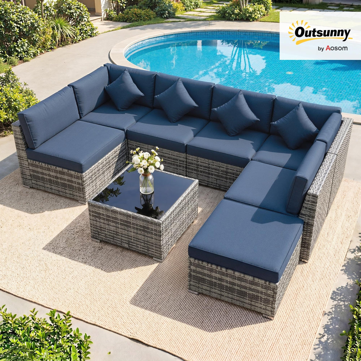 Outsunny 8-Piece Modular Rattan Corner Sofa Set with Glass Coffee Table — image 2