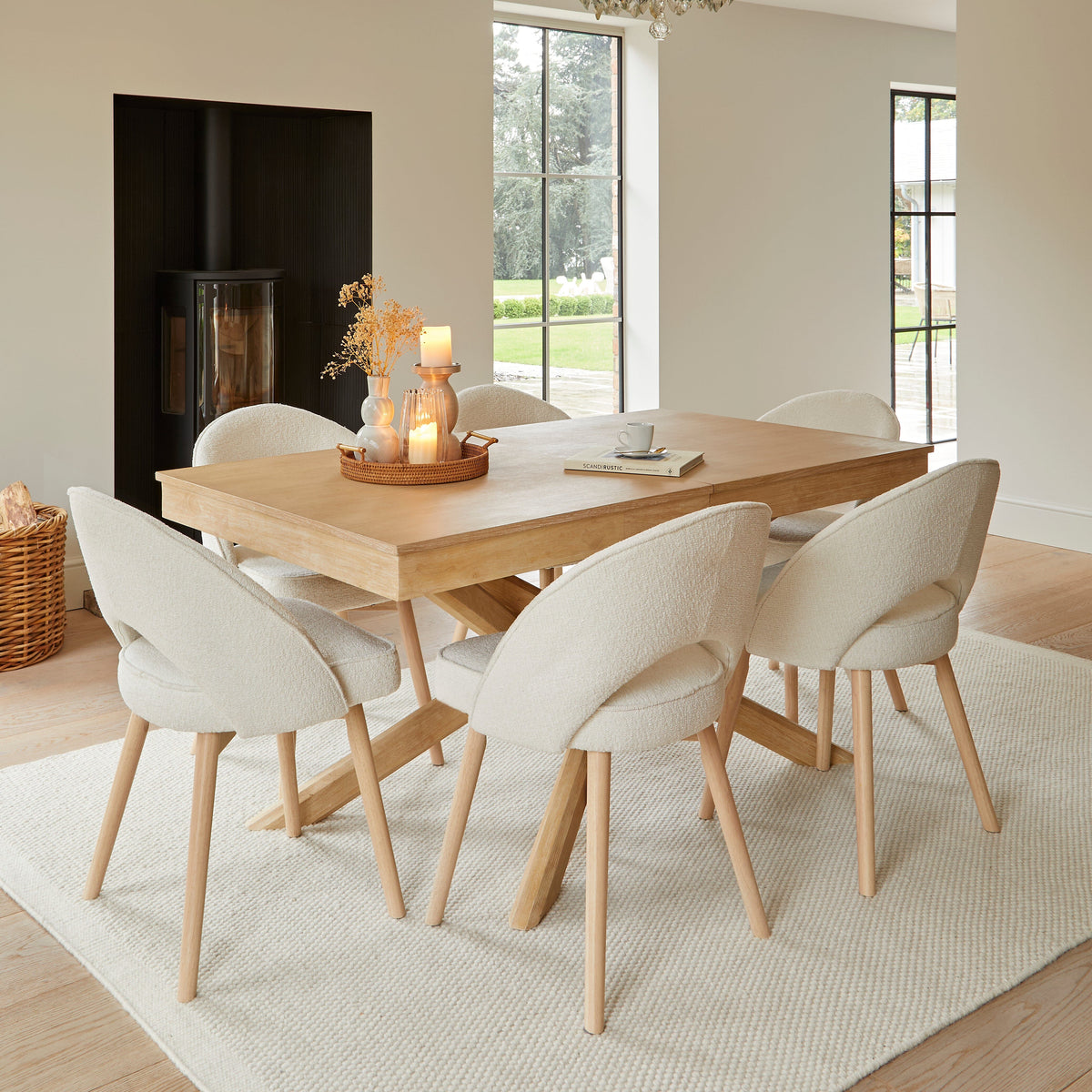 Amelia Whitewash Dining Table Set - 6 Seater - Marilyn Boucle Dining Chairs - Whitewash Legs