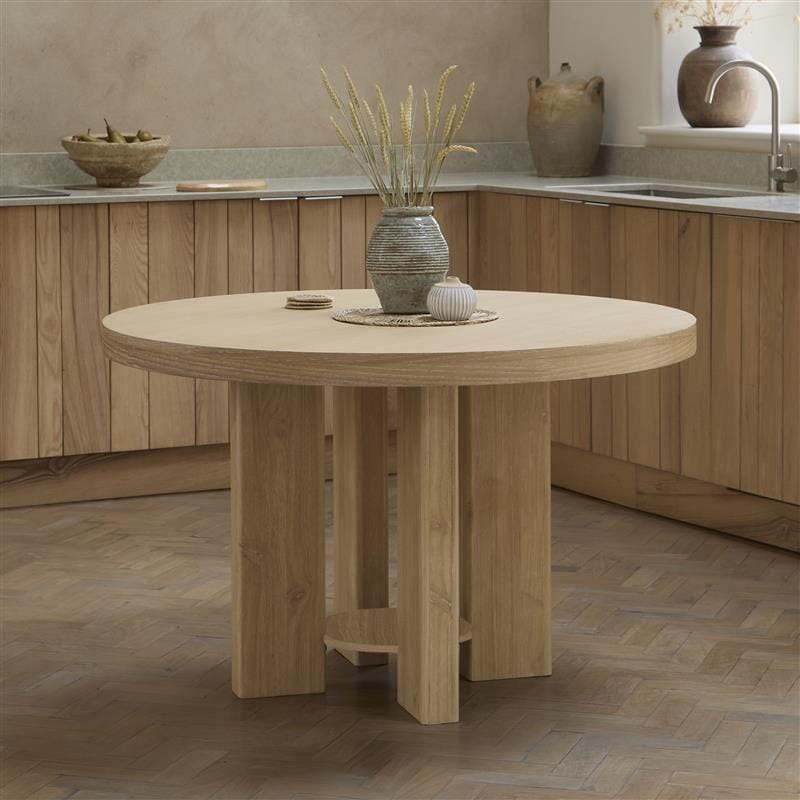 Marlon Whitewash Oak Round Dining Table Set - 4 Seater - Freya Sand Dining Chairs - Whitewash Oak Legs — image 2