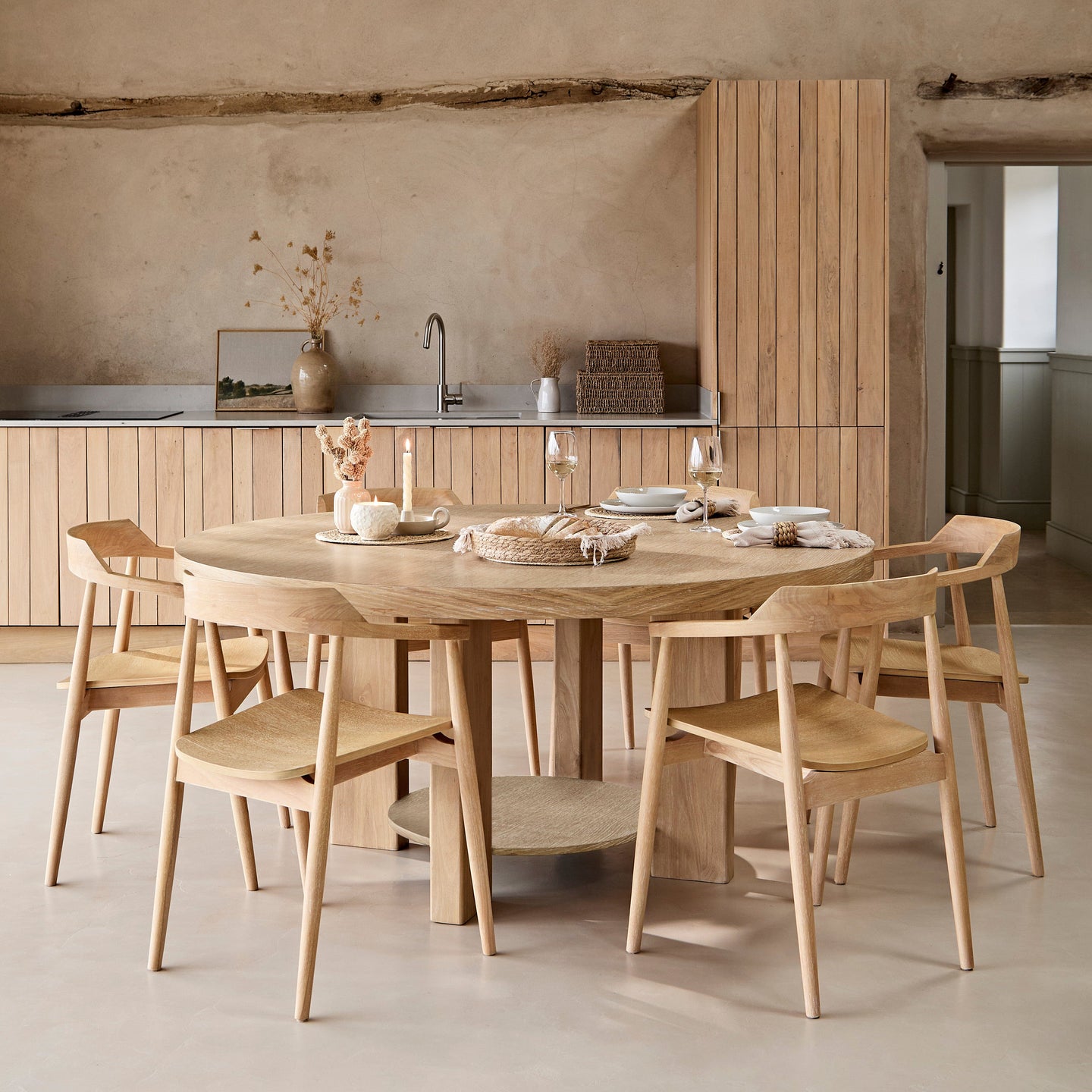 Marlon Whitewash Oak Round Dining Table Set - 6 Seater - Carter Whitewash Oak Dining Armchairs