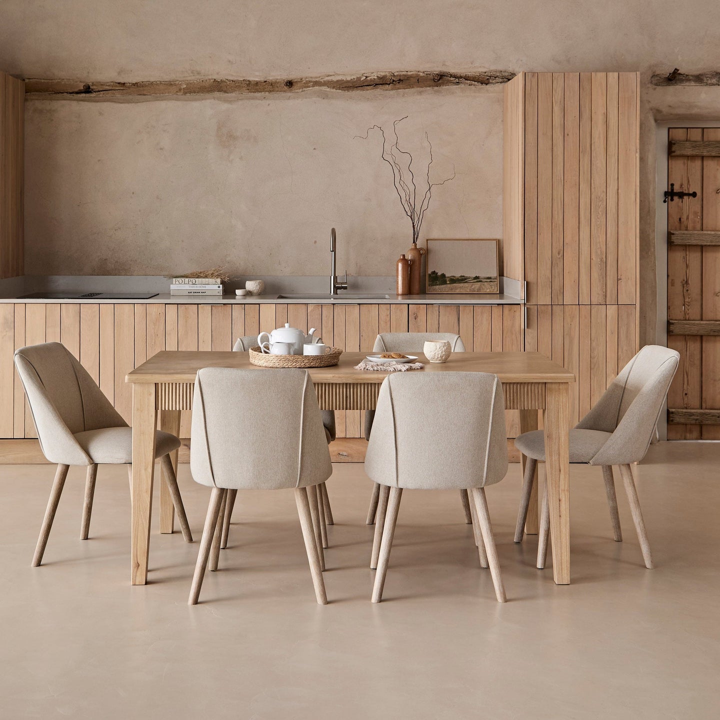 Raleigh Whitewash Oak Rectangular Dining Table Set - 6 Seater - Freya Sand Dining Chairs - Whitewash Oak Legs