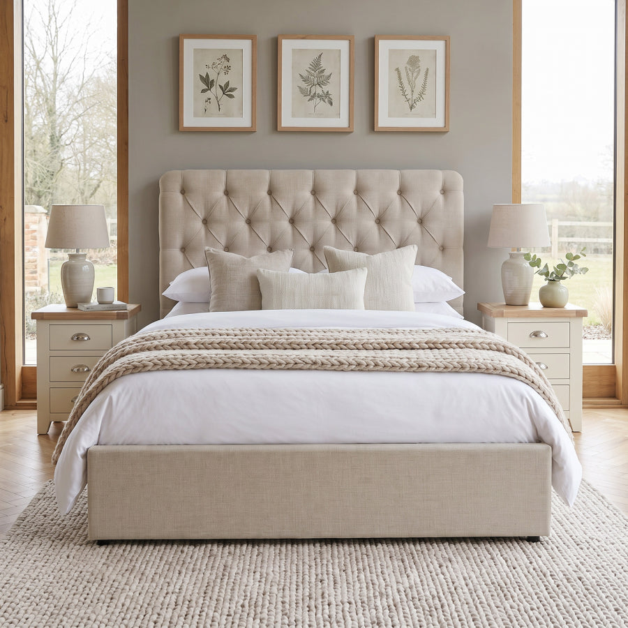 6ft Super King Ottoman Bed Frame, Chesterfield Button Headboard, Natural — image 4