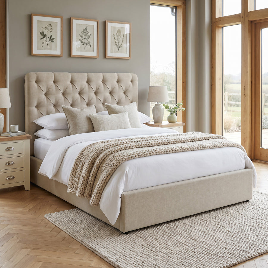 6ft Super King Ottoman Bed Frame, Chesterfield Button Headboard, Natural — image 2