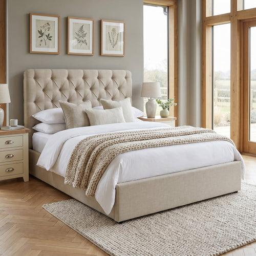 6ft Super King Ottoman Bed Frame, Chesterfield Button Headboard, Natural