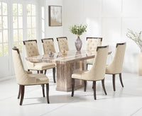 Carvelle 160cm Brown Pedestal Marble Dining Table with Francesca Chairs thumbnail 1