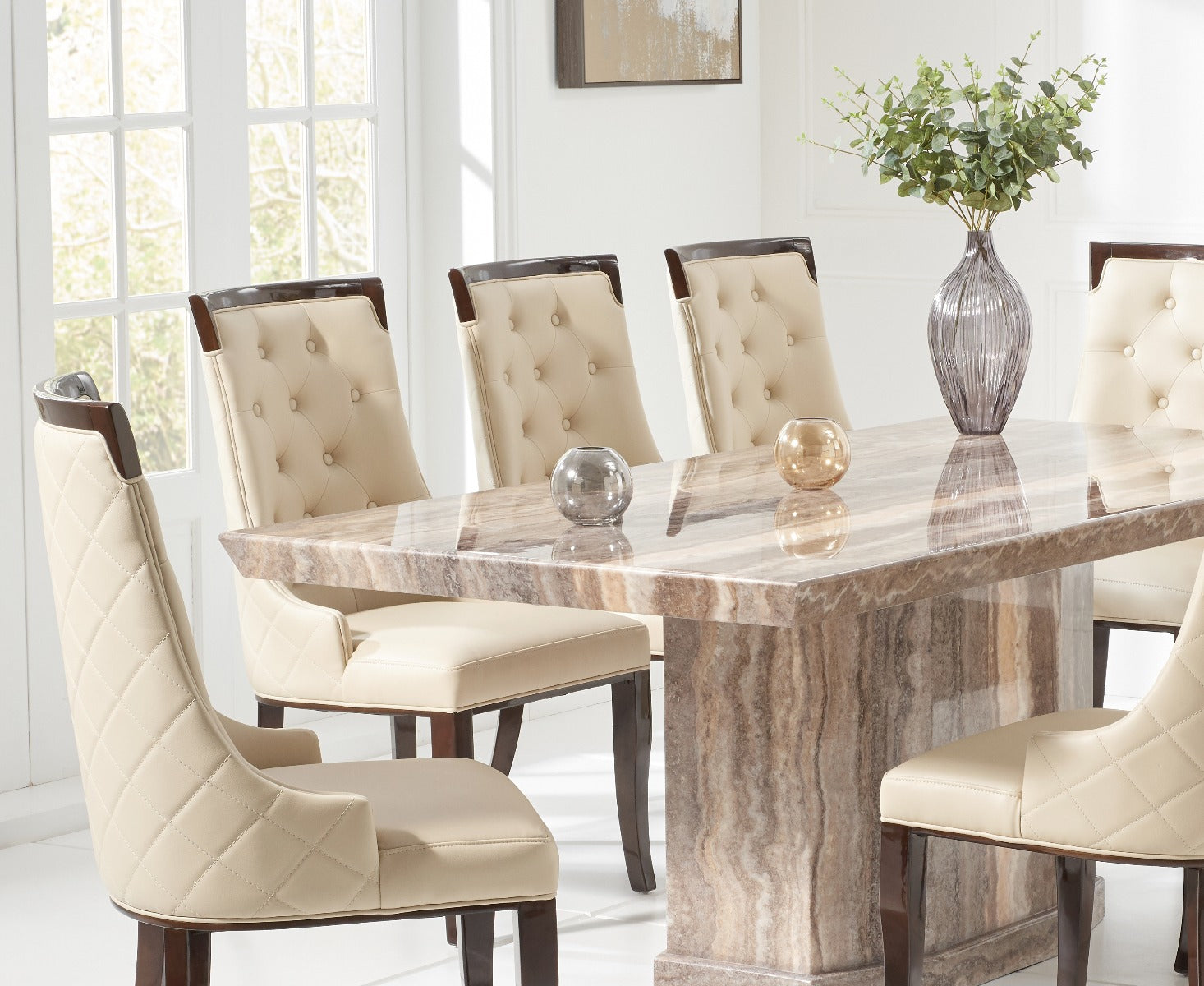 Carvelle 160cm Brown Pedestal Marble Dining Table with Francesca Chairs