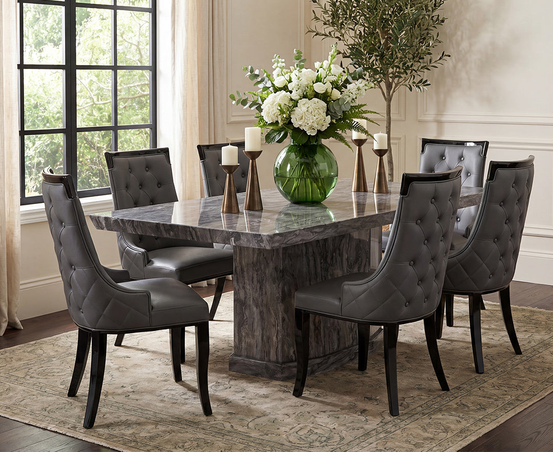 Carvelle 200cm Grey Pedestal Marble Dining Table with Francesca Chairs