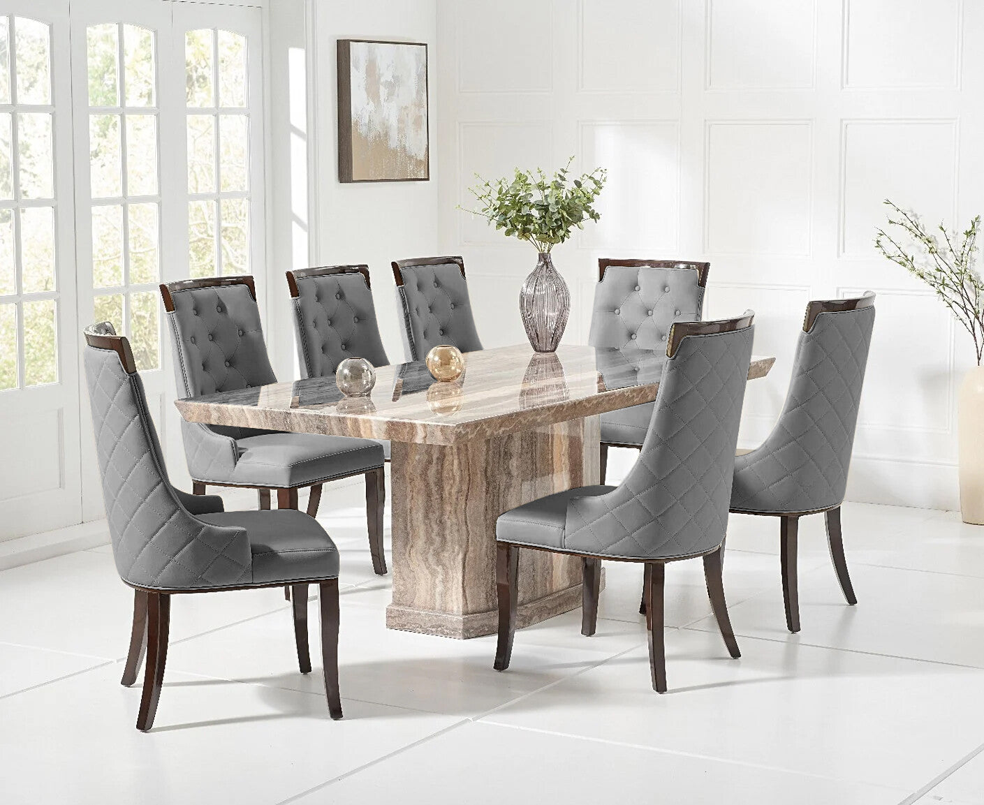 Carvelle 160cm Brown Pedestal Marble Dining Table with Francesca Chairs — image 2