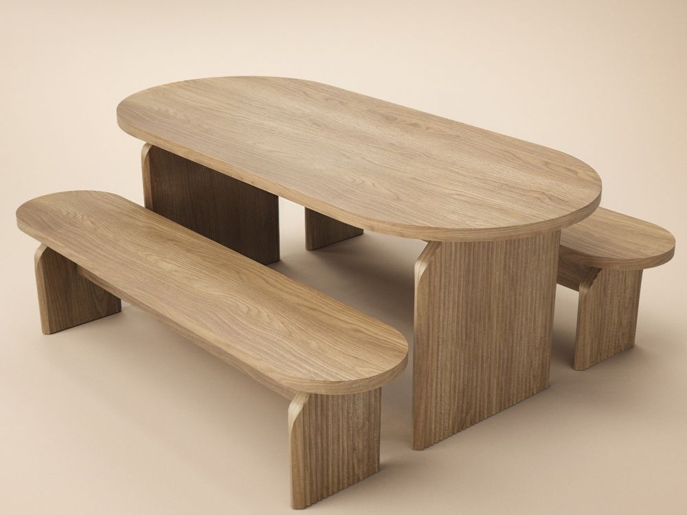 SOLACE+CO Varm Ribbed Oval Dining Table & 2 Bench Set Oak — image 18
