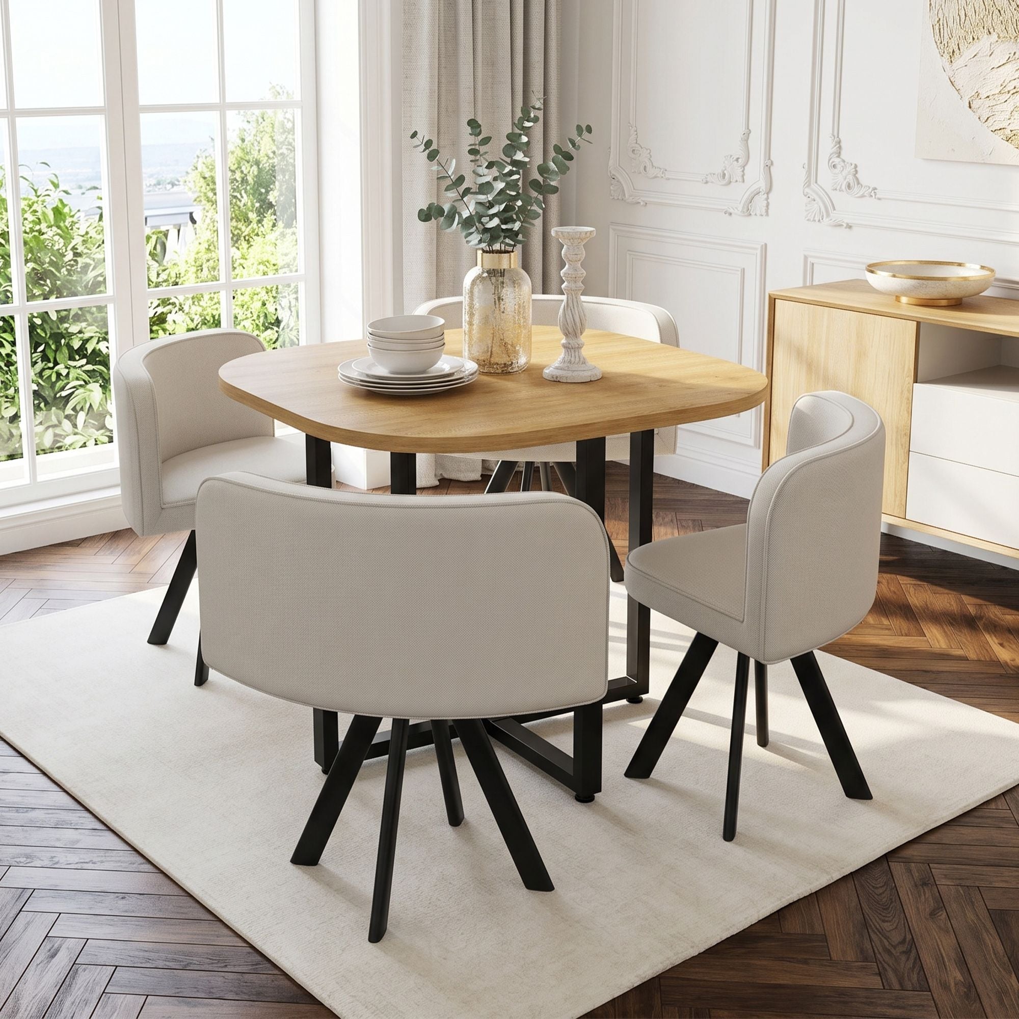 Dining Table Set 4 Chairs Square 85x85 Oak Table Beige Chairs