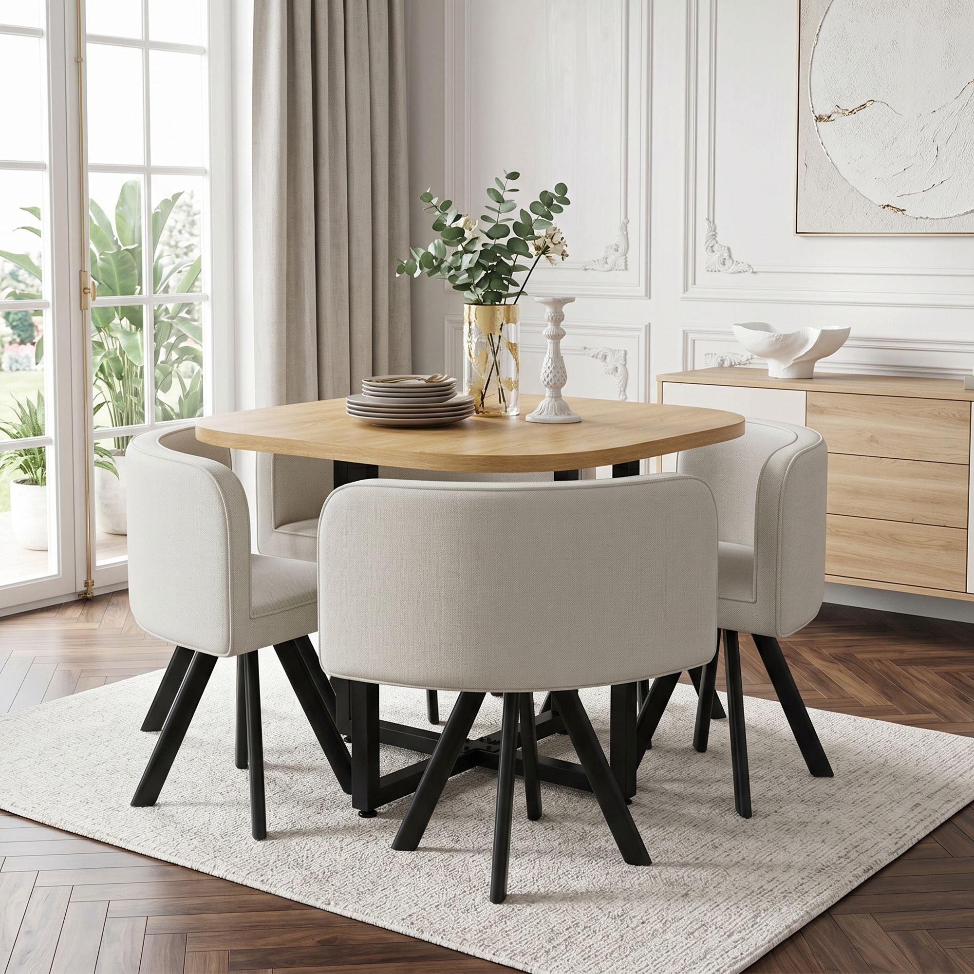 Dining Table Set 4 Chairs Square 85x85 Oak Table Beige Chairs