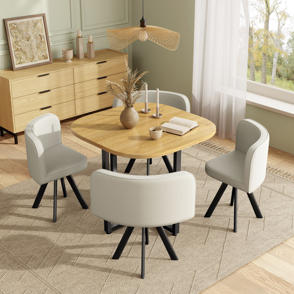 Dining Table Set 4 Chairs Square 85x85 Oak Table Beige Chairs