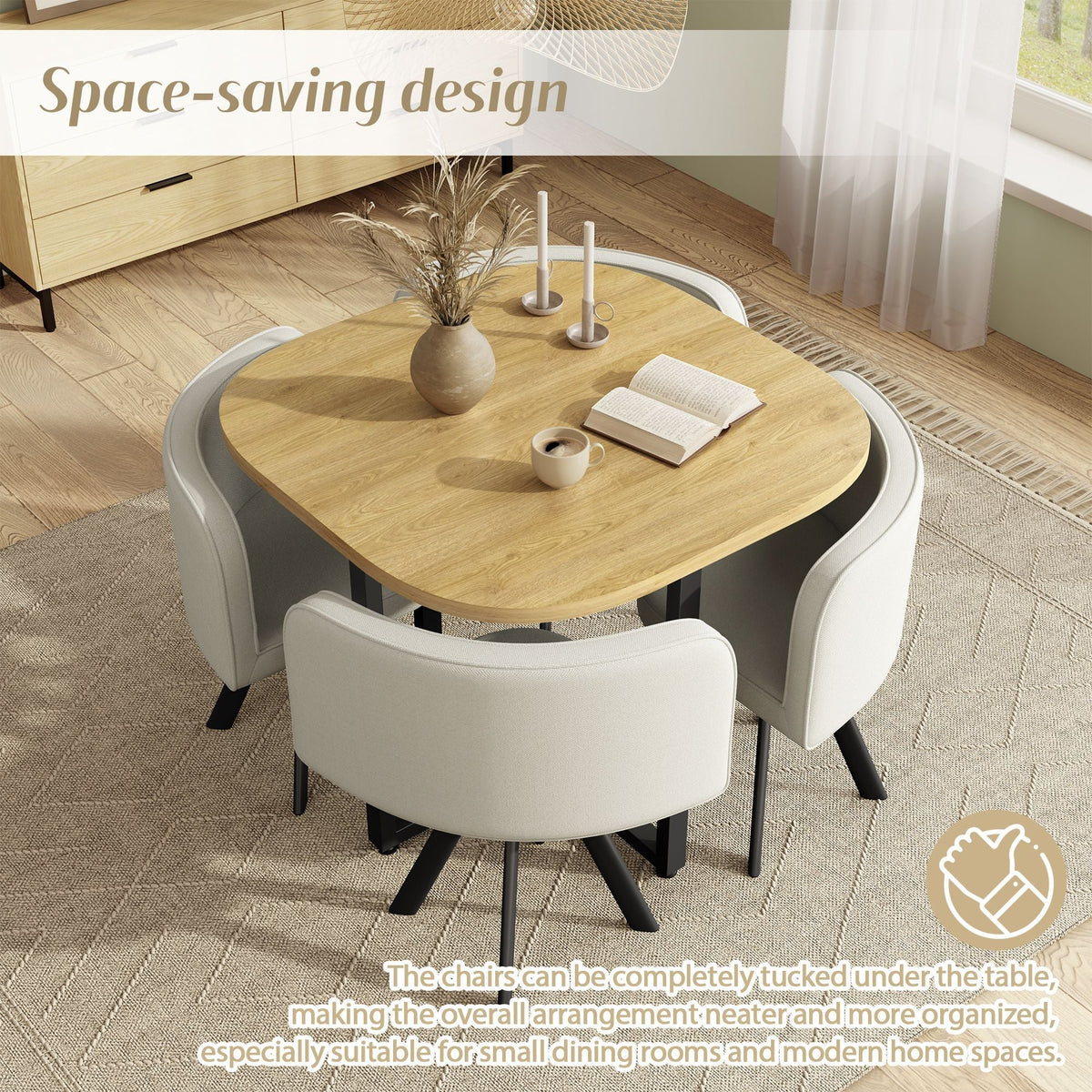 Dining Table Set 4 Chairs Square 85x85 Oak Table Beige Chairs — image 5