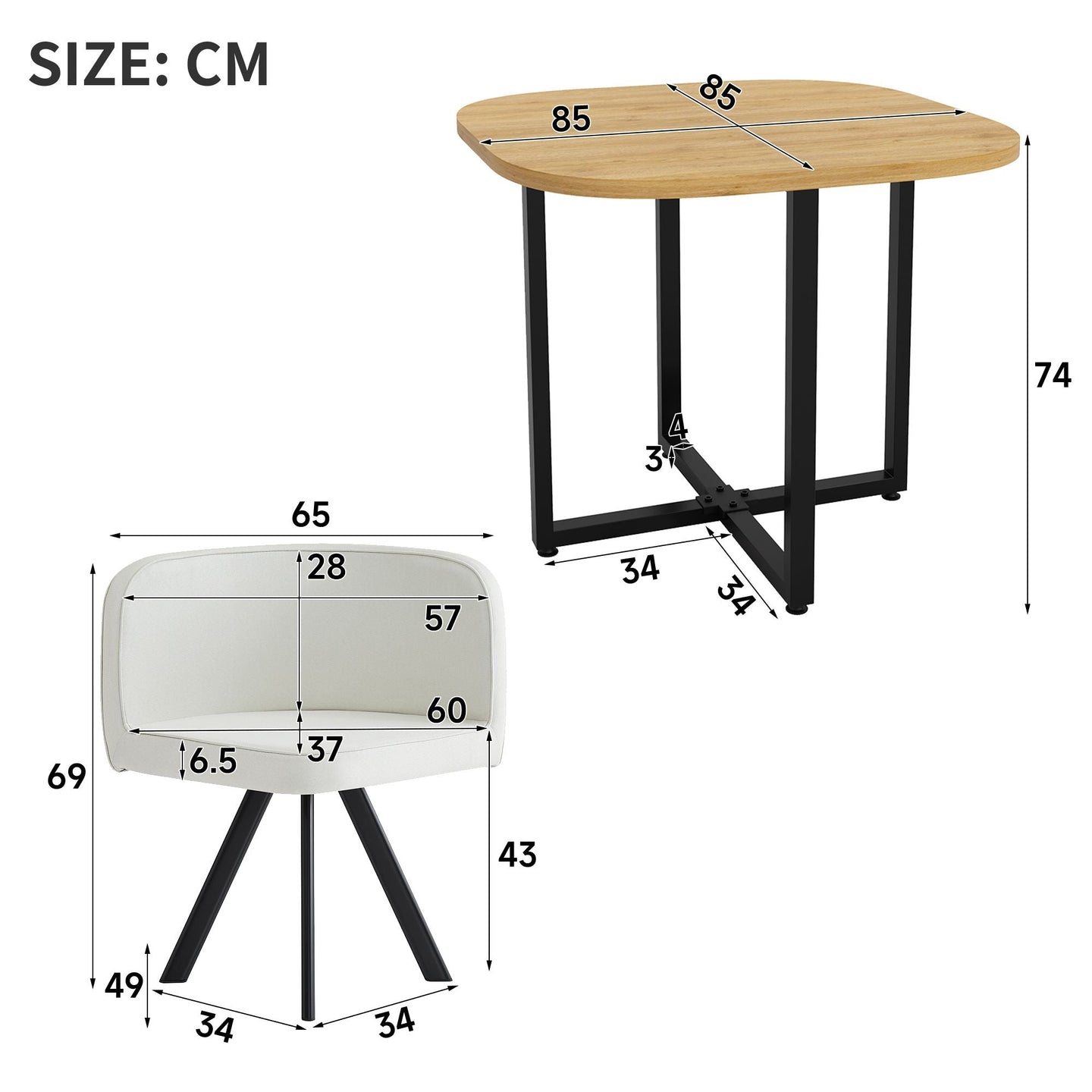 Dining Table Set 4 Chairs Square 85x85 Oak Table Beige Chairs — image 6