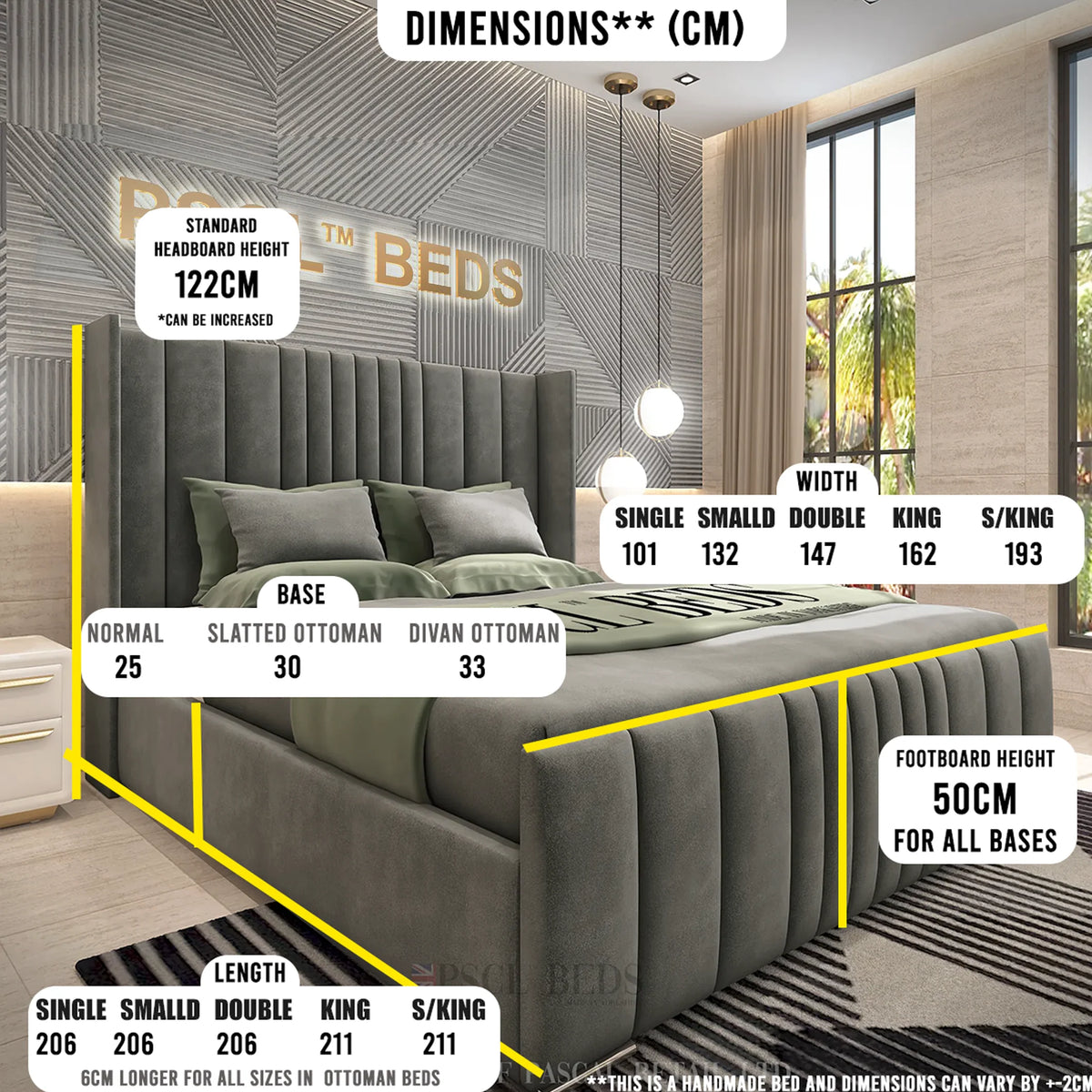 PSCL Beds Manhattan Bed Frame, Luxury Wingback Headboard — image 2
