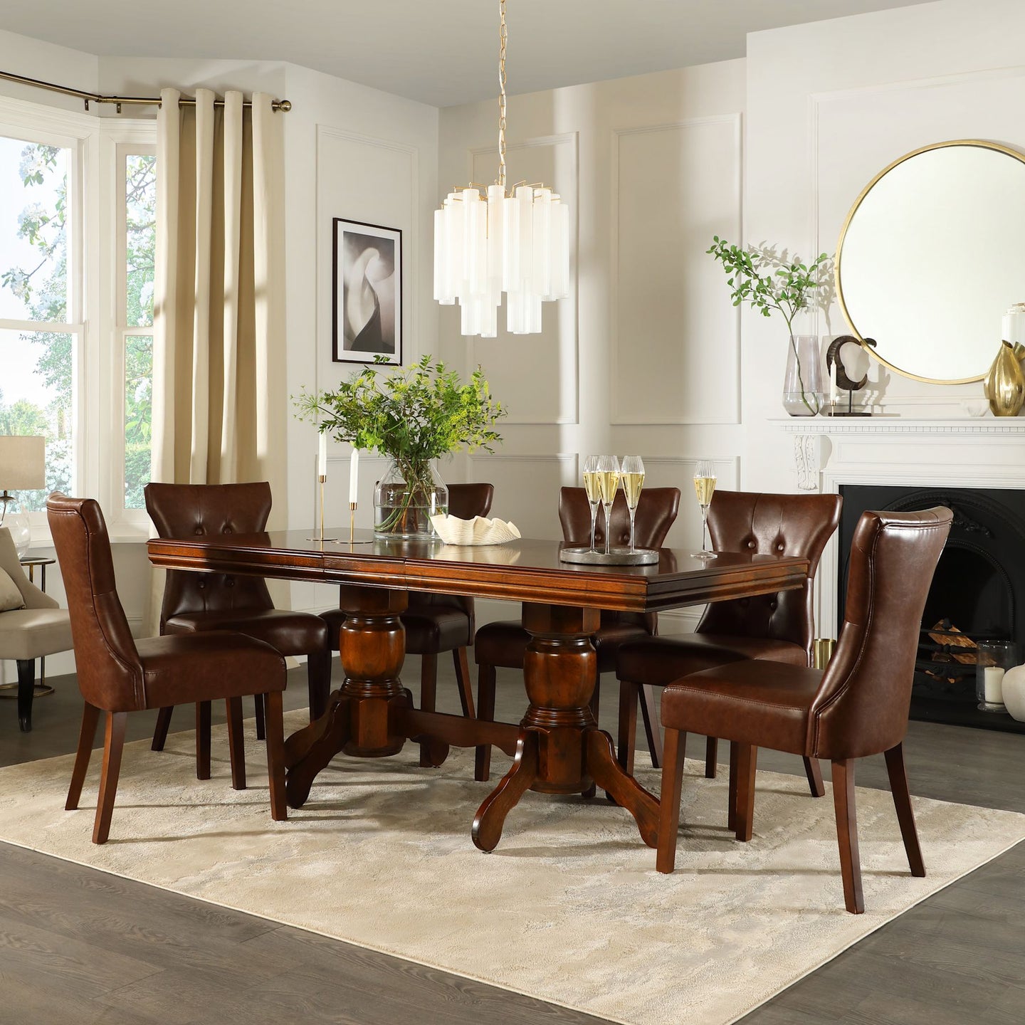 Chatsworth Extending Dining Table & 4 Bewley Chairs, Dark Birch Veneer & Solid Hardwood, Club Brown Premium Faux Leather & Dark Solid Hardwood, 150-180cm