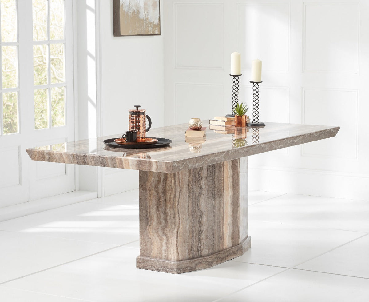 Carvelle 160cm Brown Pedestal Marble Dining Table with Francesca Chairs