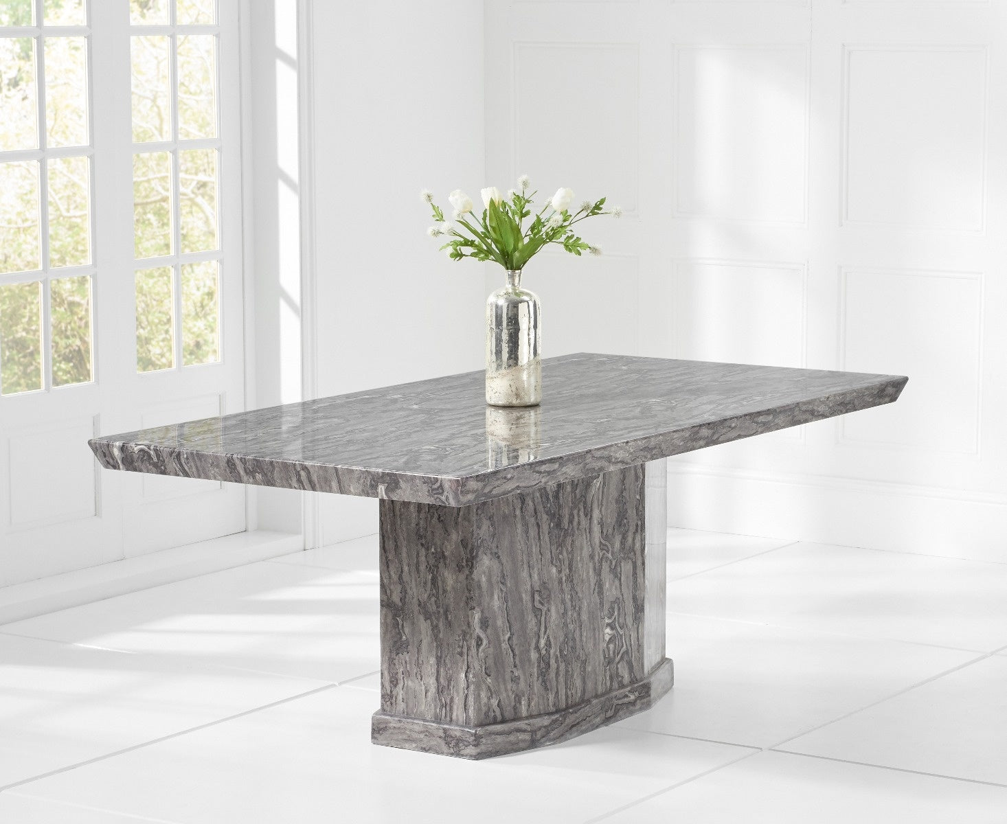 Carvelle 200cm Grey Pedestal Marble Dining Table with Francesca Chairs