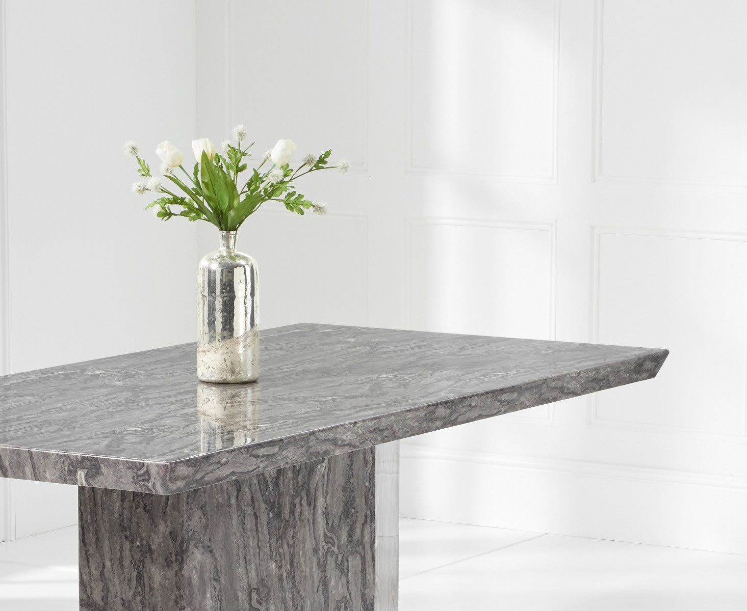 Carvelle 200cm Grey Pedestal Marble Dining Table with Francesca Chairs