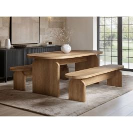SOLACE+CO Varm Ribbed Oval Dining Table & 2 Bench Set Oak